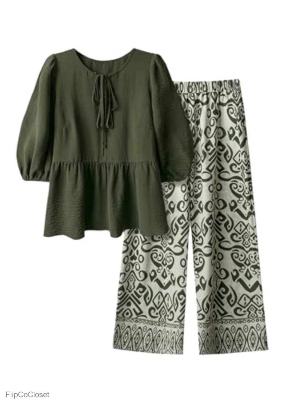 Plus Size 2-Piece Outfit Babydoll Top Wide Leg Linen Pants Set Green Boho Summer